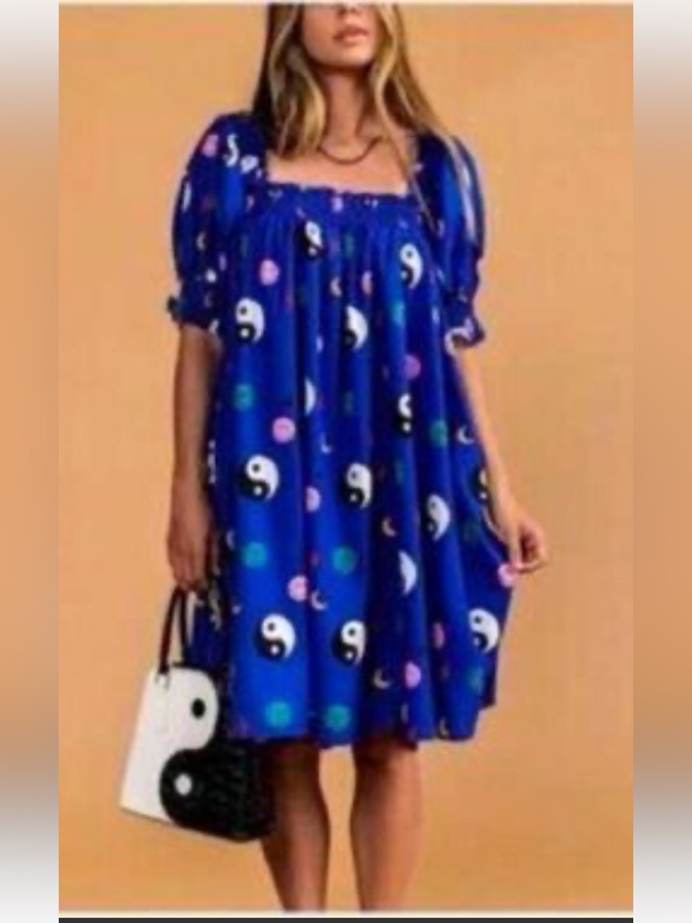Dressed in Lala Puff-Sleeve Yin Yang Print Dress
